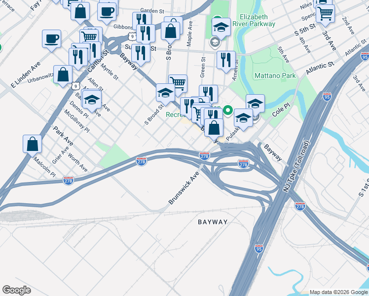 map of restaurants, bars, coffee shops, grocery stores, and more near 742-756 Clarkson Avenue in Elizabeth