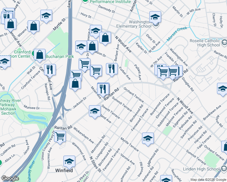 map of restaurants, bars, coffee shops, grocery stores, and more near 145 Berwood Avenue in Linden