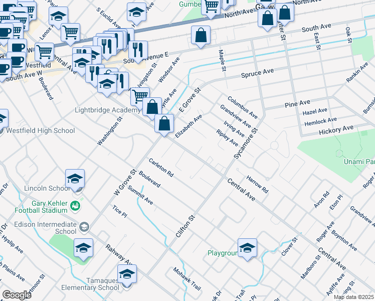map of restaurants, bars, coffee shops, grocery stores, and more near 111 Laurel Place in Westfield