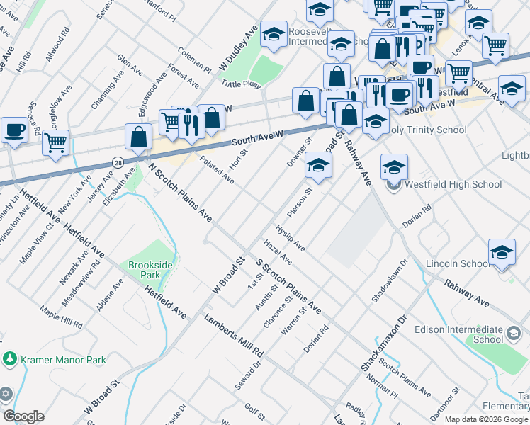 map of restaurants, bars, coffee shops, grocery stores, and more near 558 West Broad Street in Westfield