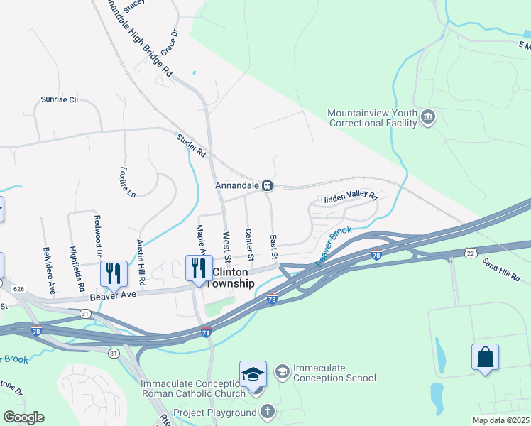 map of restaurants, bars, coffee shops, grocery stores, and more near 38 East Street in Hunterdon County