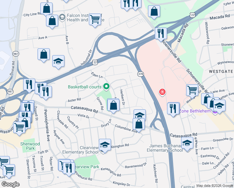 map of restaurants, bars, coffee shops, grocery stores, and more near 2183 Allwood Drive in Bethlehem