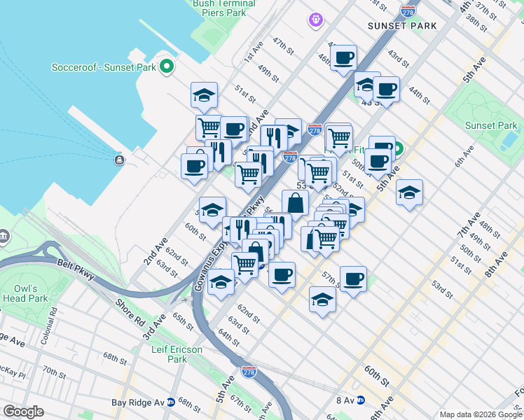 map of restaurants, bars, coffee shops, grocery stores, and more near 322 56th Street in Brooklyn