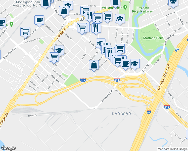 map of restaurants, bars, coffee shops, grocery stores, and more near 1300 Allen St in Linden