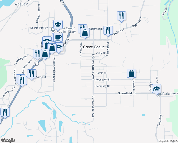 map of restaurants, bars, coffee shops, grocery stores, and more near 337 Carola Street in Creve Coeur