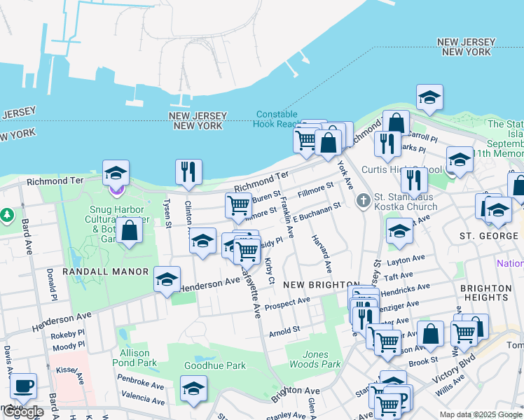map of restaurants, bars, coffee shops, grocery stores, and more near 157 Fillmore Street in Staten Island