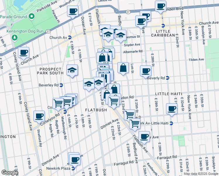 map of restaurants, bars, coffee shops, grocery stores, and more near 2128 Cortelyou Road in Brooklyn