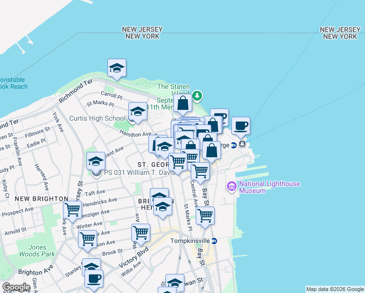 map of restaurants, bars, coffee shops, grocery stores, and more near 87 Stuyvesant Place in Staten Island