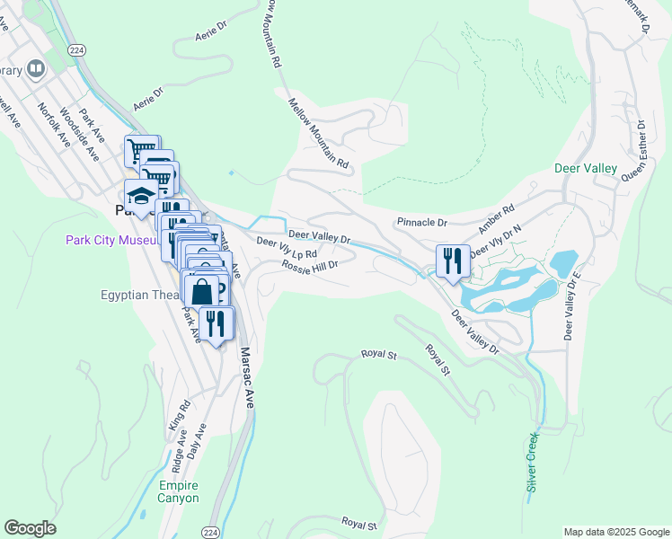map of restaurants, bars, coffee shops, grocery stores, and more near 652 Rossie Hill Drive in Park City