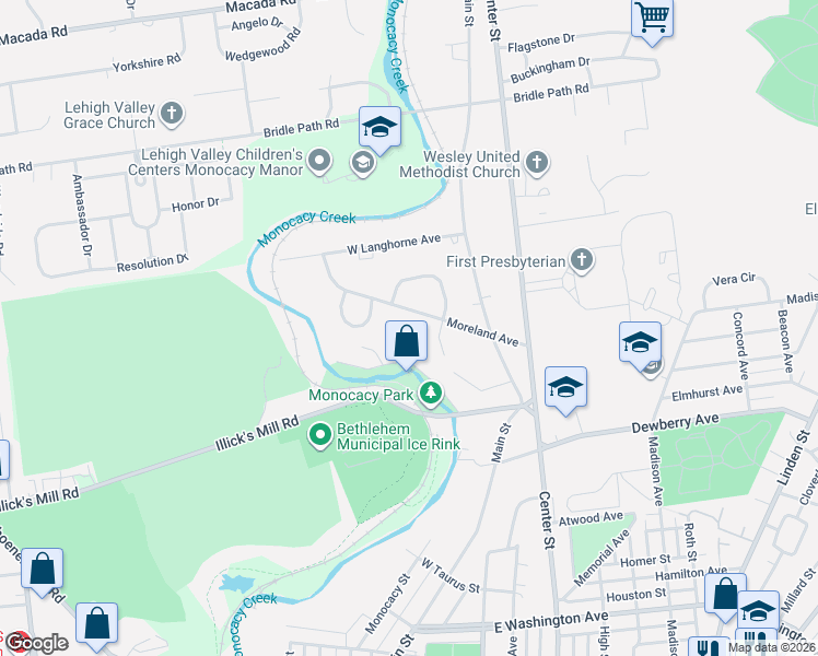 map of restaurants, bars, coffee shops, grocery stores, and more near 131 Moreland Avenue in Bethlehem