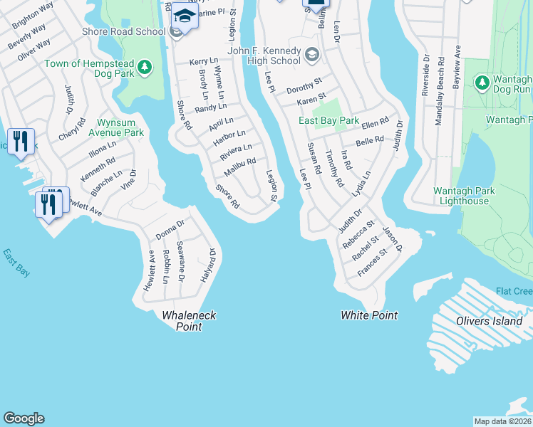 map of restaurants, bars, coffee shops, grocery stores, and more near 3156 Shore Road in Bellmore
