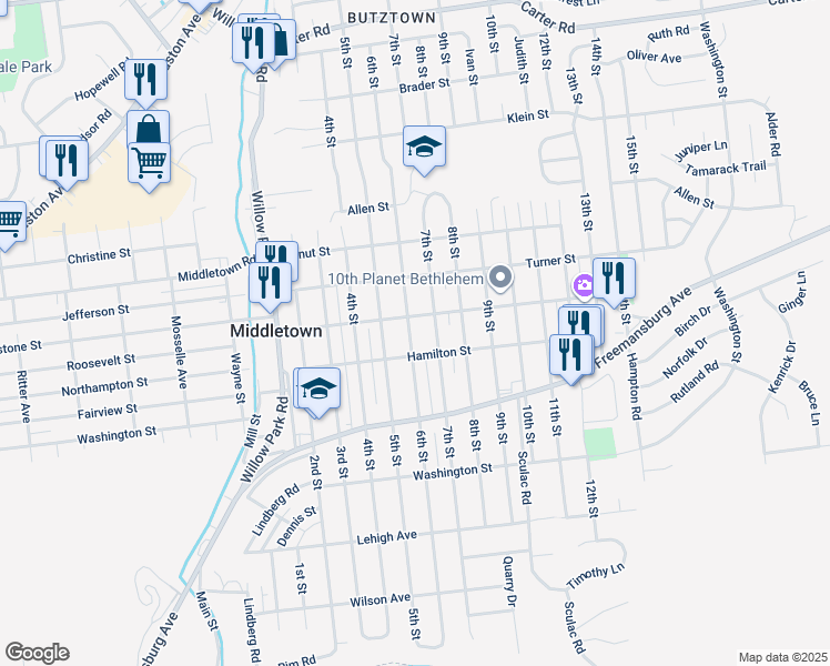 map of restaurants, bars, coffee shops, grocery stores, and more near 1924 6th Street in Bethlehem