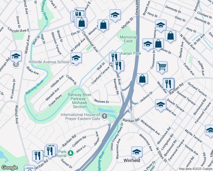 map of restaurants, bars, coffee shops, grocery stores, and more near 18 Cayuga Road in Cranford