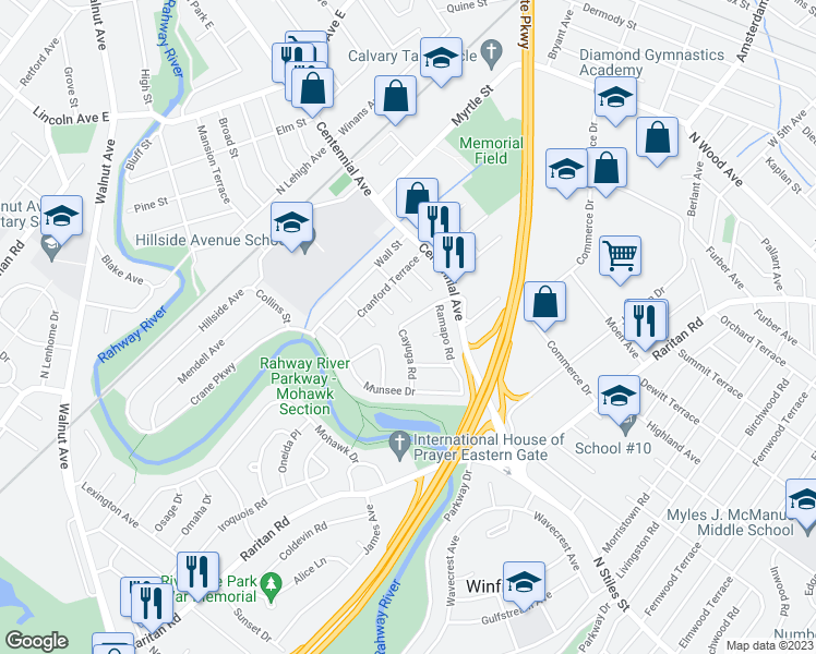 map of restaurants, bars, coffee shops, grocery stores, and more near 18 Cayuga Rd in Cranford