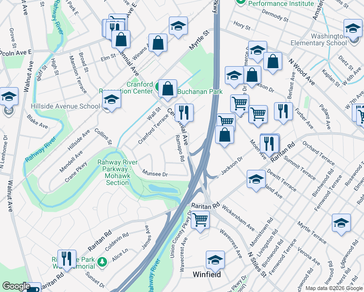 map of restaurants, bars, coffee shops, grocery stores, and more near 11 Ramapo Road in Cranford