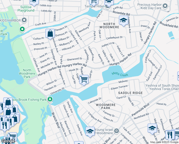 map of restaurants, bars, coffee shops, grocery stores, and more near 554 Golf Drive in Valley Stream