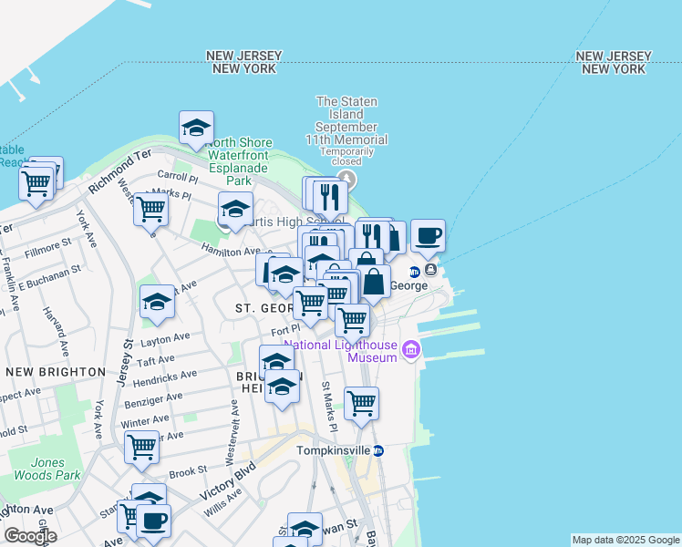 map of restaurants, bars, coffee shops, grocery stores, and more near 87 Stuyvesant Place in Staten Island