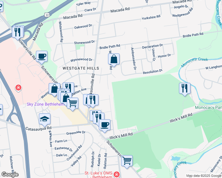 map of restaurants, bars, coffee shops, grocery stores, and more near 2480 Rosewood Drive in Bethlehem