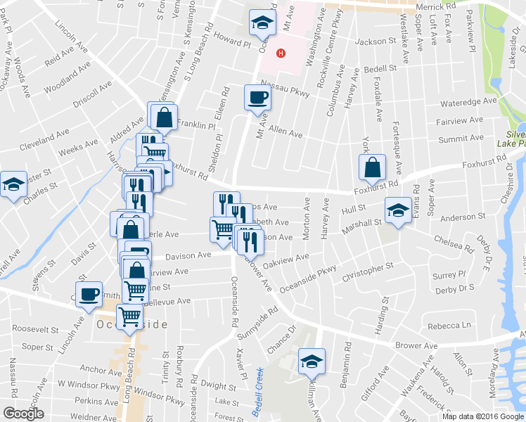 map of restaurants, bars, coffee shops, grocery stores, and more near 218 Amos Avenue in Oceanside