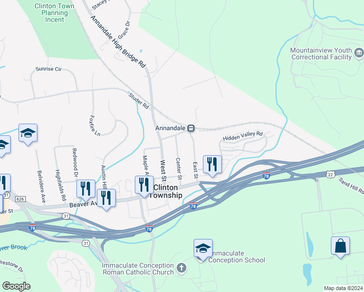 map of restaurants, bars, coffee shops, grocery stores, and more near 42 Center Street in Hunterdon County
