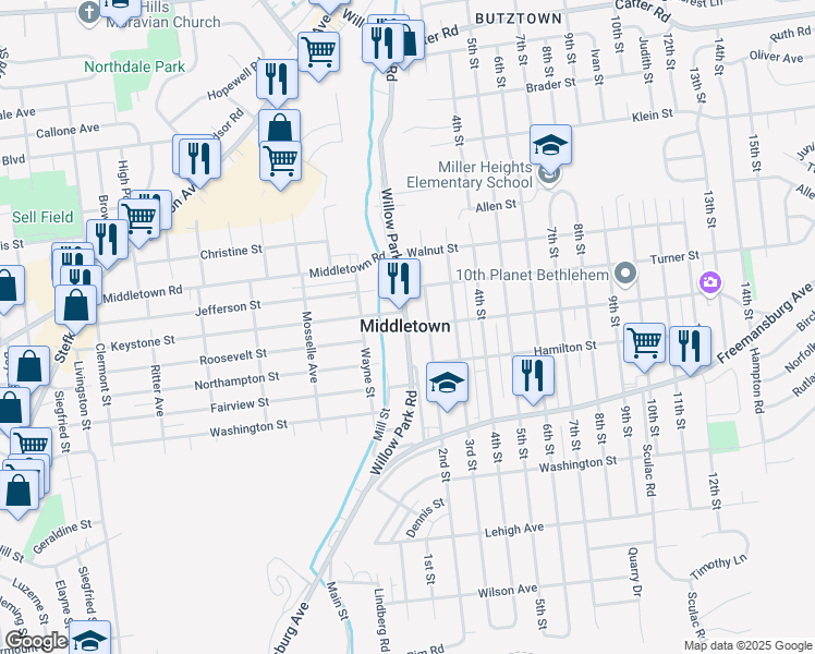 map of restaurants, bars, coffee shops, grocery stores, and more near Willow Park Rd & Linden St in Middletown