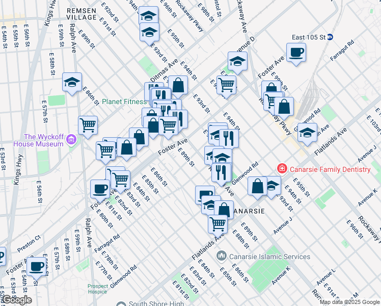 map of restaurants, bars, coffee shops, grocery stores, and more near 535 East 89th Street in Brooklyn