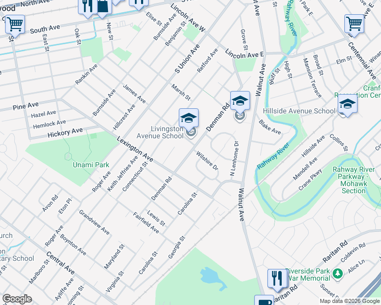 map of restaurants, bars, coffee shops, grocery stores, and more near 301 Denman Road in Cranford