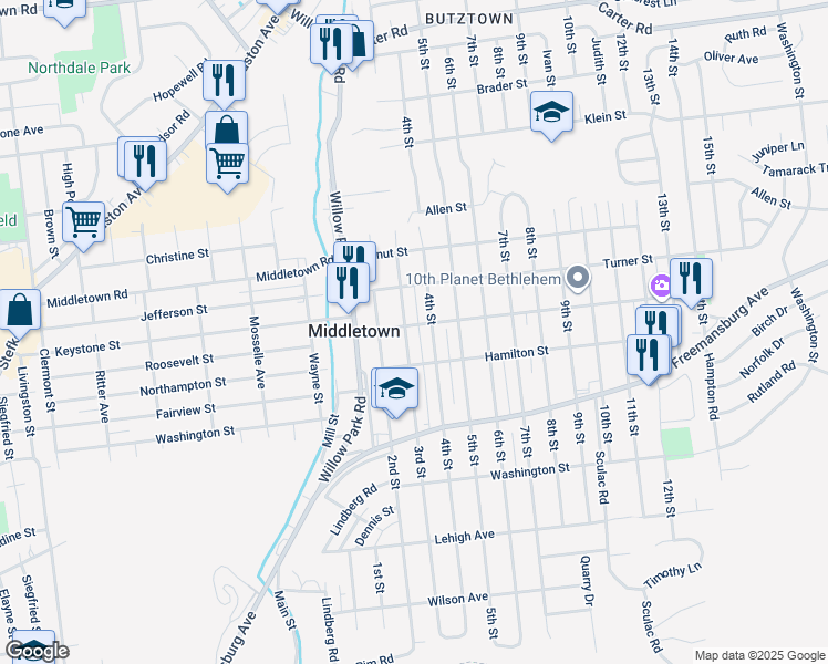map of restaurants, bars, coffee shops, grocery stores, and more near 1930 3rd Street in Bethlehem