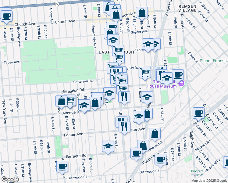 map of restaurants, bars, coffee shops, grocery stores, and more near 715 East 49th Street in Brooklyn
