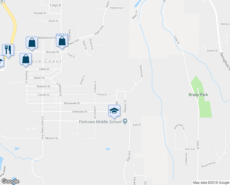 map of restaurants, bars, coffee shops, grocery stores, and more near 521 Allyn Street in Creve Coeur
