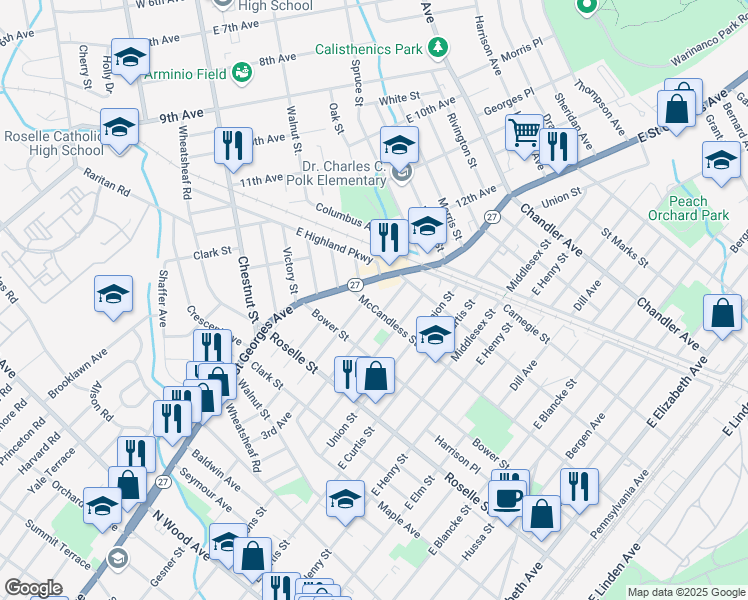 map of restaurants, bars, coffee shops, grocery stores, and more near 1412 McCandless St in Linden
