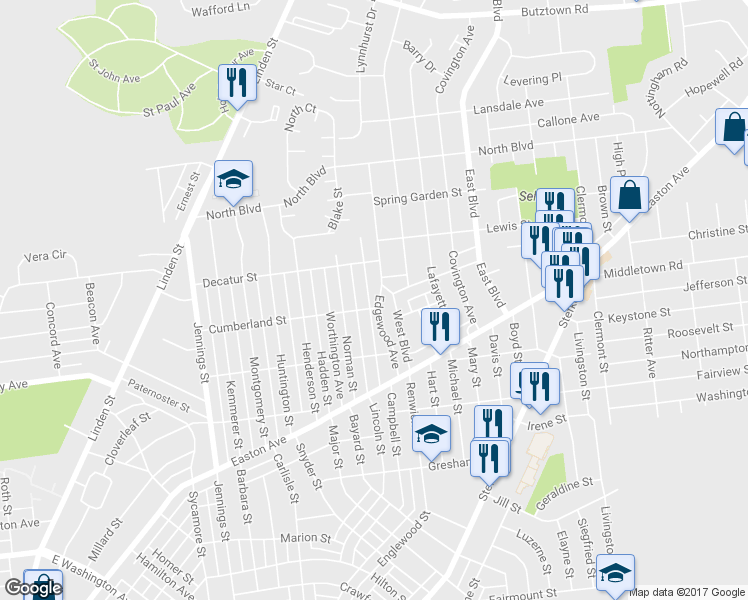 map of restaurants, bars, coffee shops, grocery stores, and more near 2205 Edgewood Ave in Bethlehem