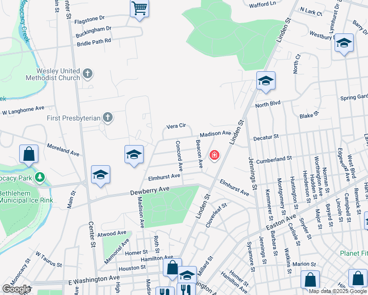 map of restaurants, bars, coffee shops, grocery stores, and more near 511 Greenwood Avenue in Bethlehem