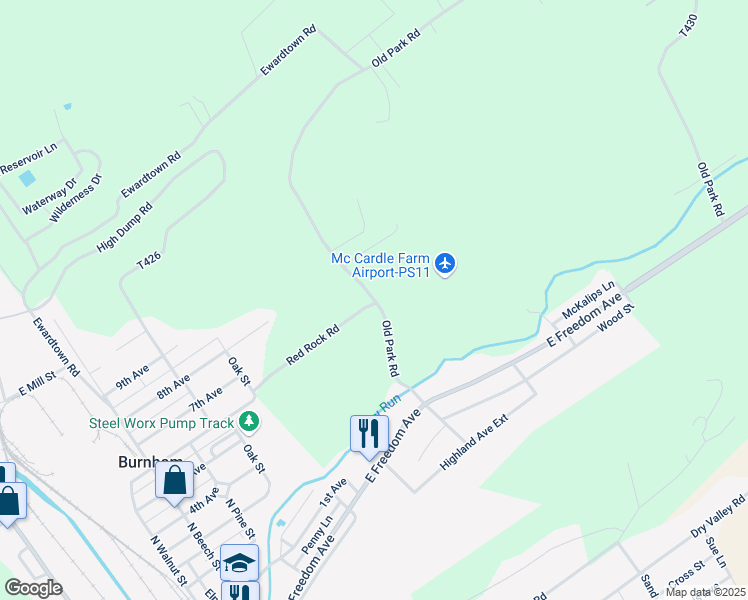 map of restaurants, bars, coffee shops, grocery stores, and more near 617 Old Park Road in Lewistown