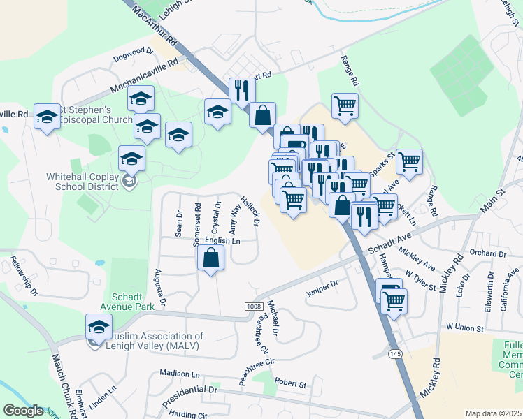 map of restaurants, bars, coffee shops, grocery stores, and more near 2641 Halleck Drive in Lehigh County