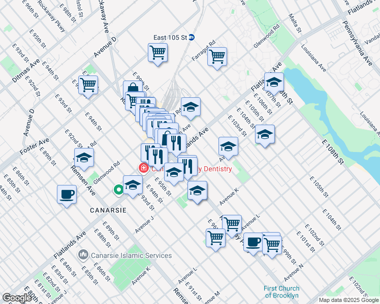 map of restaurants, bars, coffee shops, grocery stores, and more near 1133 East 98th Street in Brooklyn