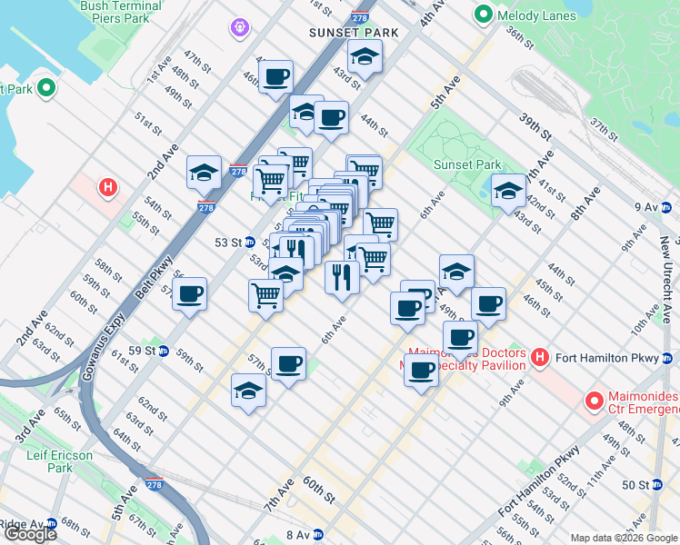 map of restaurants, bars, coffee shops, grocery stores, and more near 534 51st Street in Brooklyn