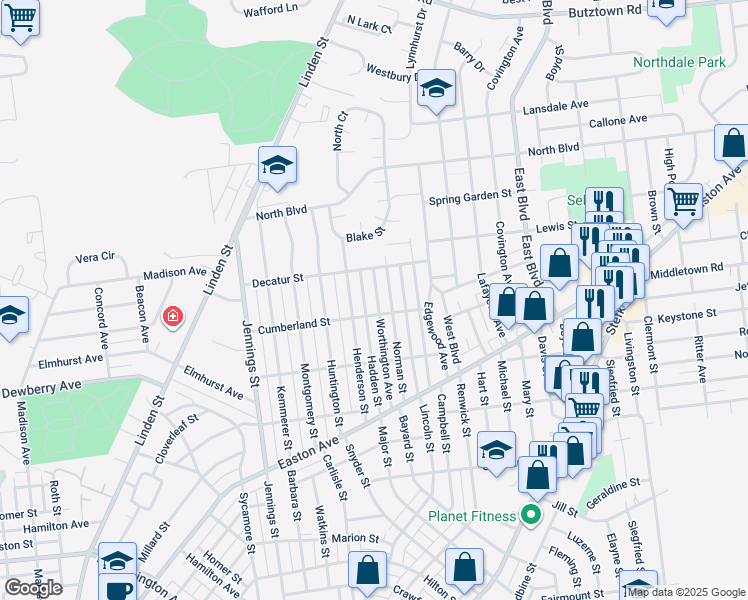 map of restaurants, bars, coffee shops, grocery stores, and more near 2215 Worthington Avenue in Bethlehem