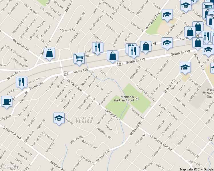 map of restaurants, bars, coffee shops, grocery stores, and more near 2262 Newark Avenue in Scotch Plains