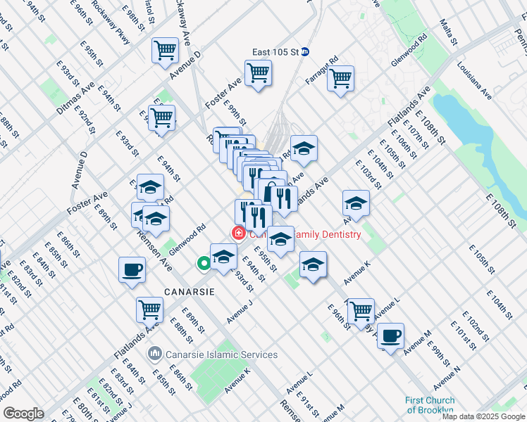 map of restaurants, bars, coffee shops, grocery stores, and more near 179 Conklin Avenue in Brooklyn