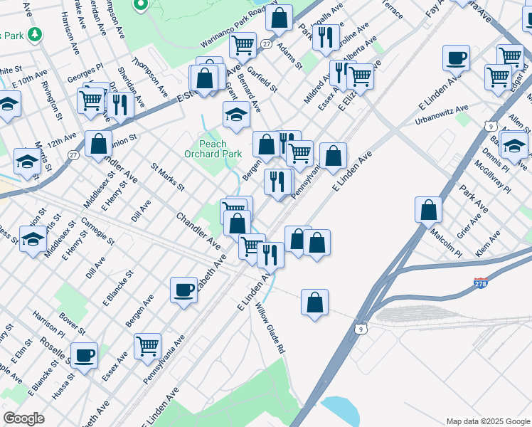 map of restaurants, bars, coffee shops, grocery stores, and more near 1410 East Elizabeth Avenue in Linden