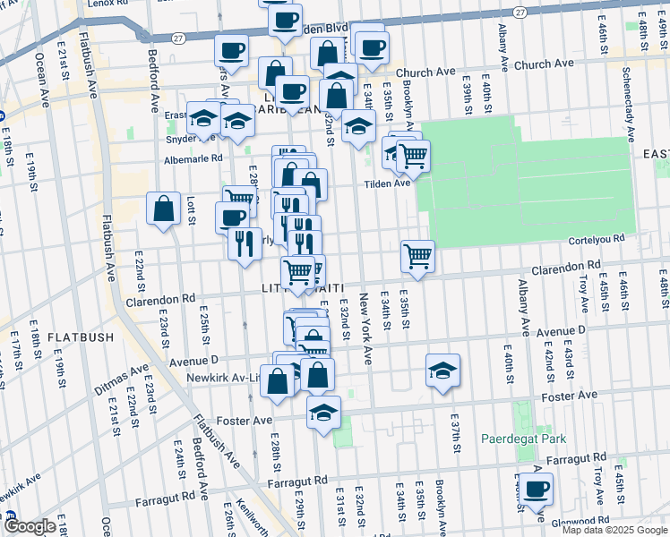map of restaurants, bars, coffee shops, grocery stores, and more near 274 East 32nd Street in Brooklyn