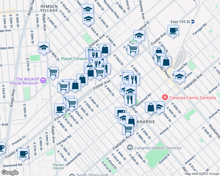 map of restaurants, bars, coffee shops, grocery stores, and more near 535 East 89th Street in Brooklyn