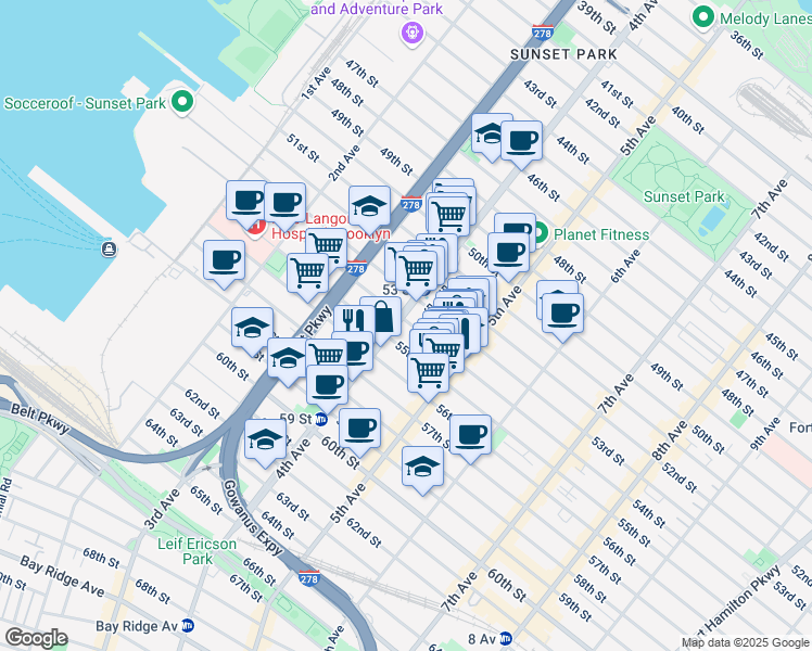 map of restaurants, bars, coffee shops, grocery stores, and more near 404B 54th Street in Brooklyn