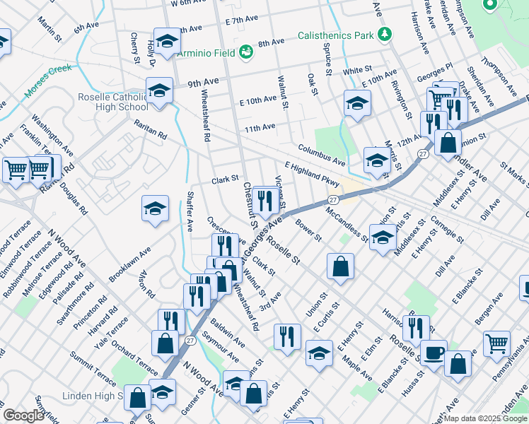 map of restaurants, bars, coffee shops, grocery stores, and more near 230 Hillcrest Terrace in Roselle