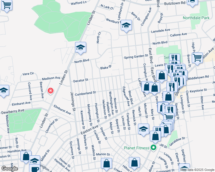 map of restaurants, bars, coffee shops, grocery stores, and more near 2215 Worthington Avenue in Bethlehem