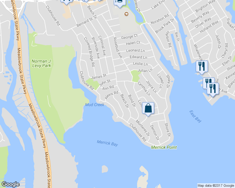 map of restaurants, bars, coffee shops, grocery stores, and more near 1764 Alexis Road in Merrick