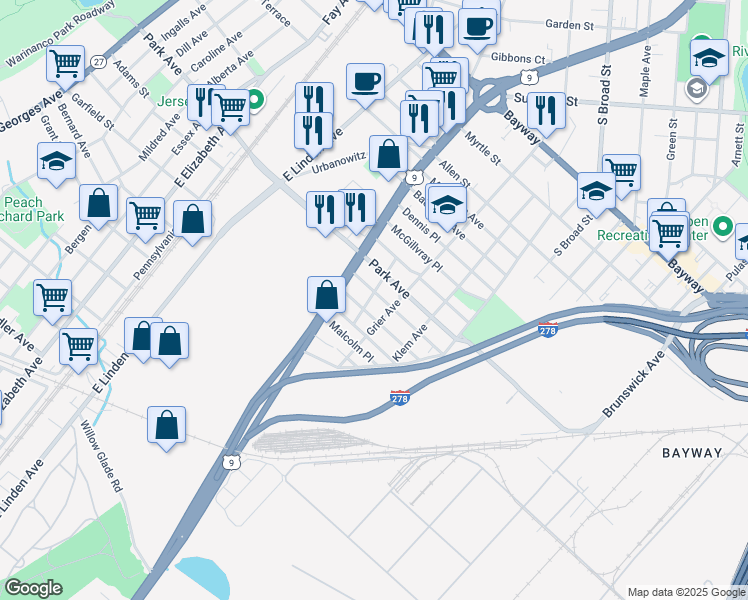 map of restaurants, bars, coffee shops, grocery stores, and more near 706 Worth Avenue in Linden
