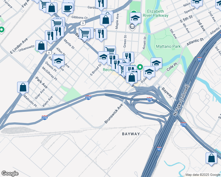 map of restaurants, bars, coffee shops, grocery stores, and more near 742-756 Clarkson Avenue in Elizabeth