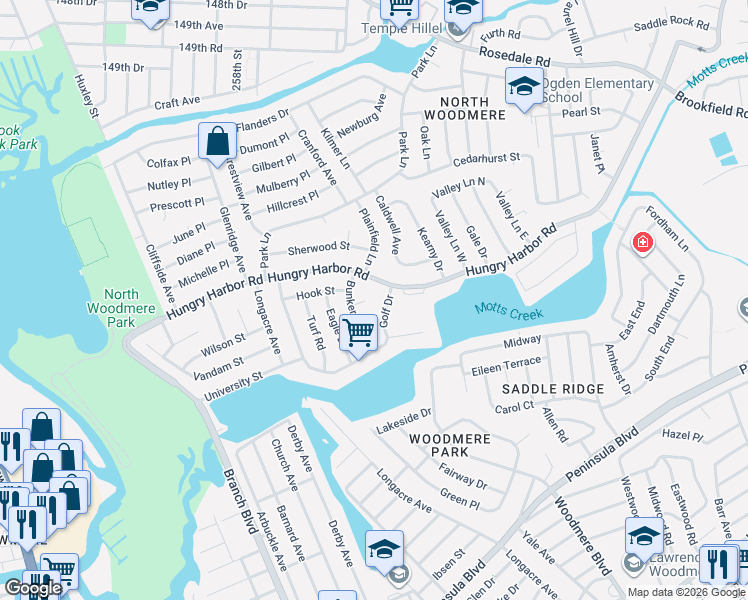 map of restaurants, bars, coffee shops, grocery stores, and more near 554 Golf Drive in Valley Stream